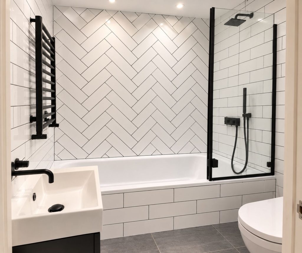 Bathroom with herringbone wall tiles, bath and black shower screen