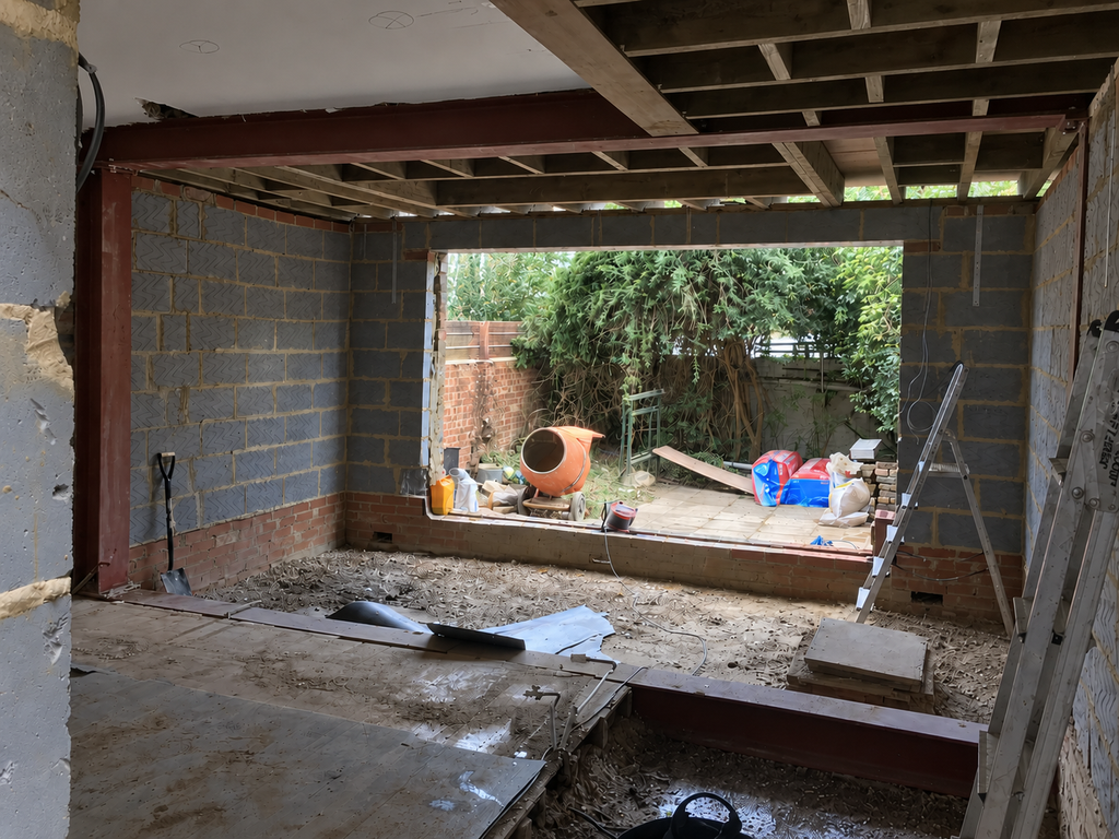 House extension under construction with blockwork and structural steelwork