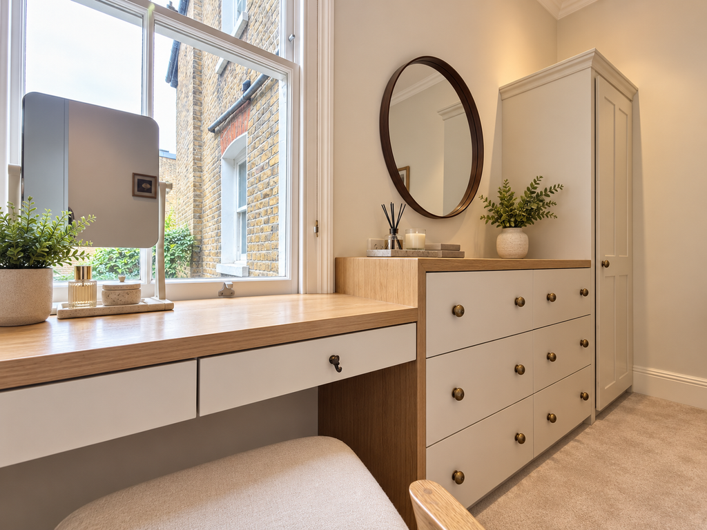 Bespoke fitted storage and dressing table completed during a home renovation